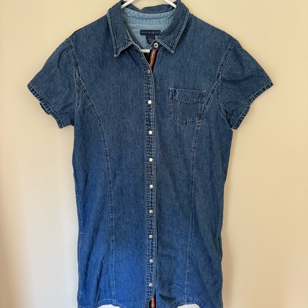 90’s Mountain Lake Denim Pearl Snap Western Boho Festival Midi Dress Size XL